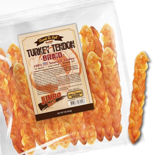 Gootoe Turkey Tendon Dog Treats, Braid (M) 1 lb, USA-Sourced Turkey Tendon, Natural Snack, Premium Puppy Chews, Hypoallergenic, Rawhide Free, Reseal Value Bag, Size for Medium Dogs