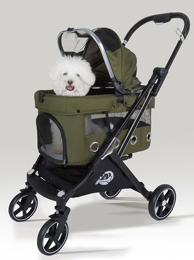 JK Pawadore 4 Wheels Pet Stroller Best Lightweight Foldable Portable Secure Easy Lock NO-Zip 180 ̊ Canopy Sun Shades Waterproof for Small/Medium Dogs 33lbs with Large Storage Basket (Army Green)