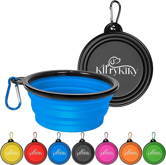 Large Collapsible Dog Bowls, 2 Pack 34oz Portable Travel Dog Bowls, Foldable Water Bowl for Dogs, Pet Feeding Watering Dish with Carabiner, Food Grade Silicone BPA Free(Blue+Black, L)