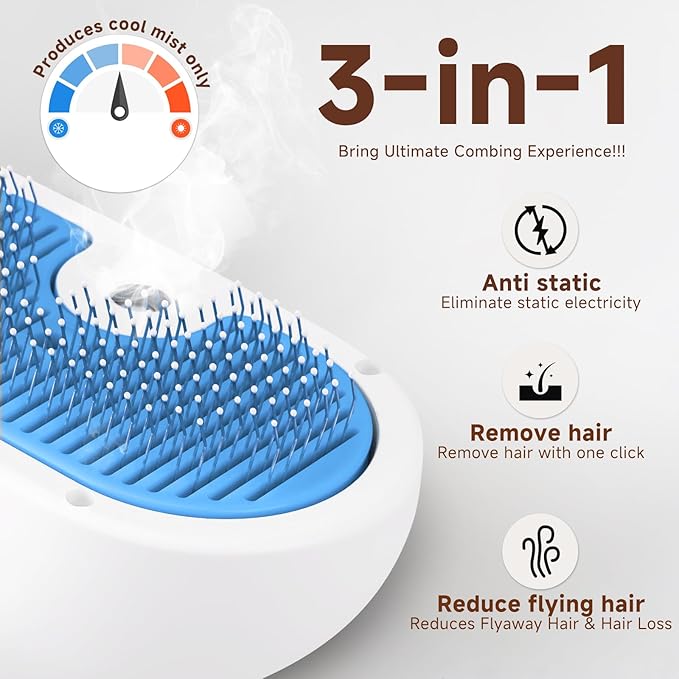 Pet Steam Brush for Dog & Cat - 3-in-1 Steam Grooming Brush for Shedding & Hair Removal - Self Cleaning Spray Comb with Mist for Long Haired Pets - Includes 2*Waterless Shampoo, Blue