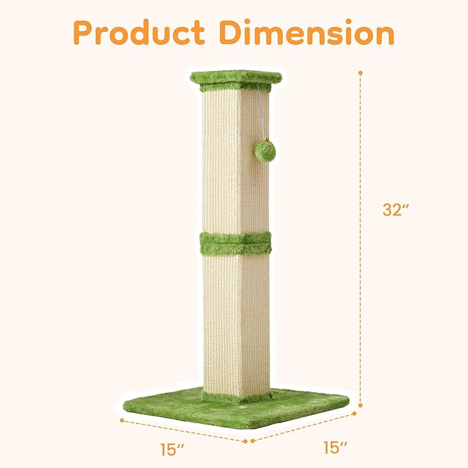 Indoor Cat Scratching Post: 32 in Tall Cat Scratcher with Natural Sisal Rope, Kitty Pet Tower with Sturdy Wood Base and Hanging Ball Toy, Great Gift for Small and Large Kittens, Green