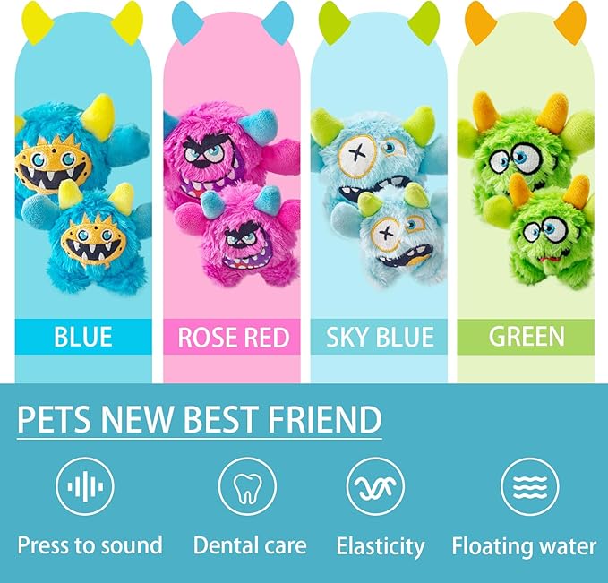 Plush Squeaky Dog Toy Ball, Chew Guard, Soft and Comfortable, Training and Companionship, Little Monster Puppy Toys Suitable for All Breeds, (Blue, Small)
