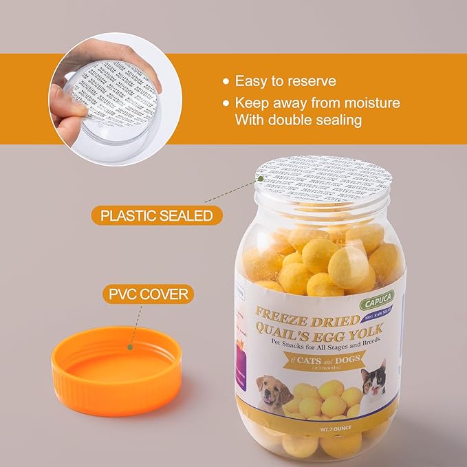 Freeze Dried Quail Egg Yolk Cat & Dog Treats - Single Ingredient Pet Snack Grain-Free, with Lecithin for Healthy Skin & Coat (7oz)