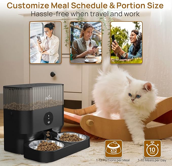 iPettie Automatic WiFi Pet Feeder for 2 Pets, 5L Capacity, 1-10 Meals Per Day, Adjustable Bowl Height, Smart Dog Cat Feeder with 2 Stainless Steel Bowls, 2.4G WiFi App Control for Cats and Small Dogs