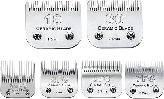 6Pack 10Blades Dog Grooming Replacement Blades Compatible with Andis Pet Clipper/Oster A5/Wahl KM Series Dog Clipper,Ceramic Blade & Stainless Steel Blade (#10+30+5FC+7FC+3FC+4F)