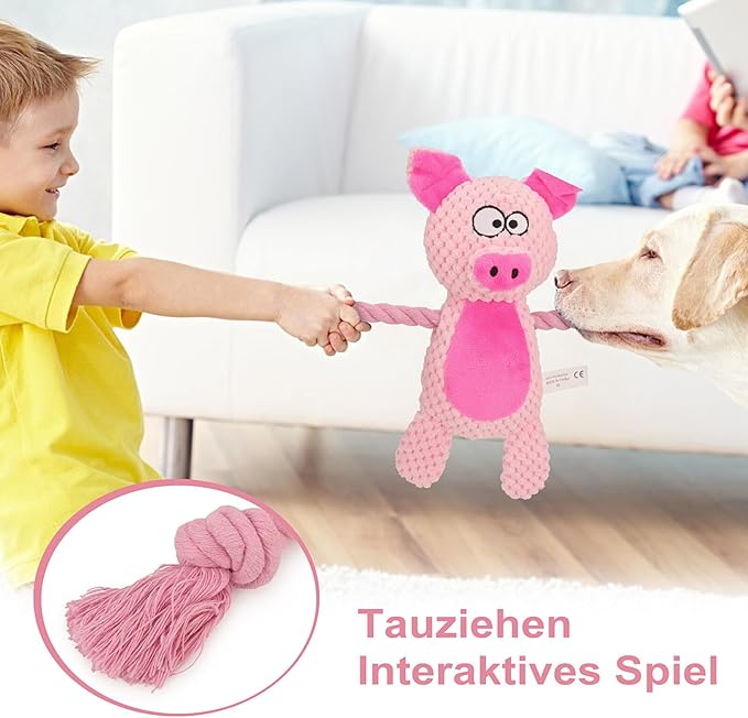 Dog Toys, Dog Squeaker Toys with Crinkle Paper, Stuffed Animal Dog Plush Chewing Toy, Cotton Rope Interactive Toys for Puppy, Small, Middle Dogs (Pink Pig)