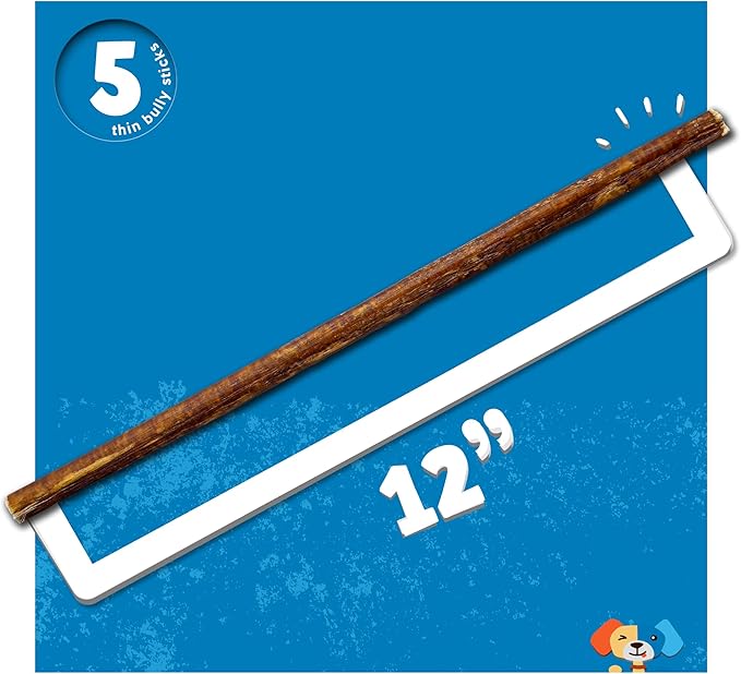 Jack&Pup Dog Bully Sticks for Small Dogs - 12 Inch Thin Bully Sticks for Dogs (5 Pack) Single Ingredient, Long Lasting Pizzle Stick for Puppies, Seniors