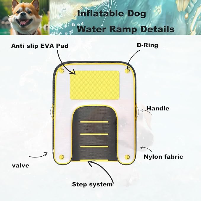 HEYLIFE Inflatable Dog Water Ramp Pool Ladder for Boats Docks Raft Swimming Pools Pet Stairs Floating Sports Platform Yellow 4ft x 3ft x 4in