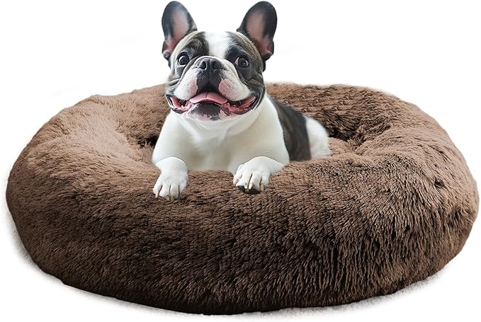 JOLLYVOGUE Calming Dog & Cat Bed for Large Dogs, Anti-Anxiety Donut Cuddler Cozy Soft Round Bed with Anti-Slip Bottom, Fluffy Faux Fur Plush Cushion Beds for Medium Dogs (36")