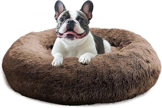 JOLLYVOGUE Calming Dog & Cat Bed for Large Dogs, Anti-Anxiety Donut Cuddler Cozy Soft Round Bed with Anti-Slip Bottom, Fluffy Faux Fur Plush Cushion Beds for Medium Dogs (36")