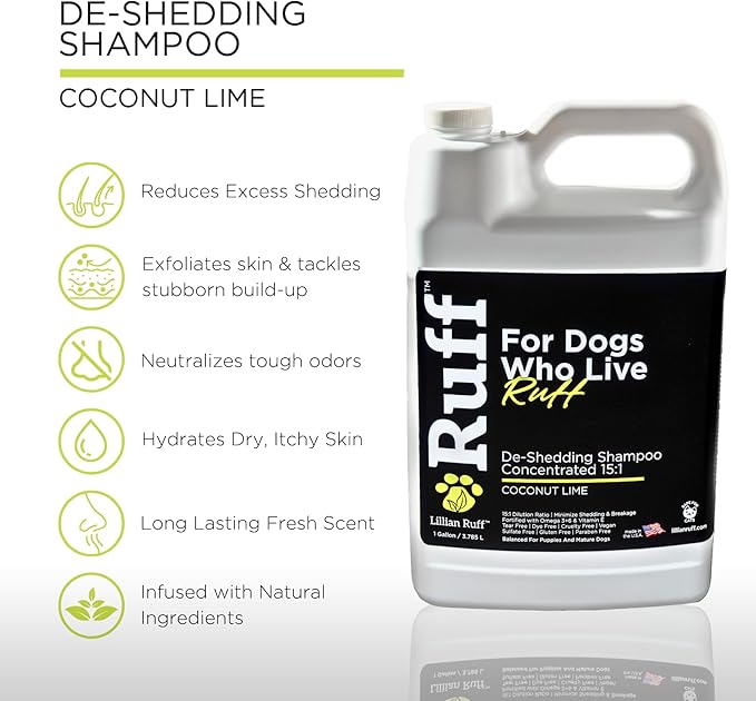 Ruff by Lillian Ruff 15:1 Concentrated Deshedding Dog Shampoo –Professional Extra-Strength Shedding & Odor Control – Aloe, Coconut Oil & Vitamin E – Puppy Safe, USA Made - Coconut Lime – Gallon