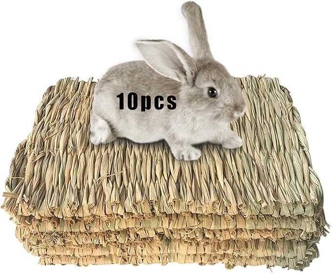 Hamiledyi 10 Pcs Rabbit Grass Mat, Bunny Natural Straw Woven Bed,Small Animal Cages Hay Mat Sleeping Chewing,Nesting and Toys for Guinea Pig Chinchilla Squirrel Hamster Cat Dog