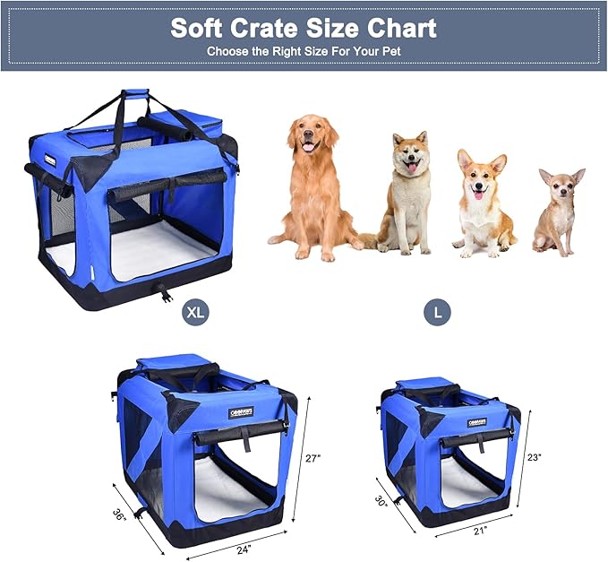 JESPET 36'' Soft Dog Crates Kennel for Pets, 3 Door Soft Sided Folding Travel Pet Carrier with Straps and Fleece Mat for Dogs, Cats, Rabbits, Grey Blue & Beige (36" L x 24" W x 27" H, Blue)