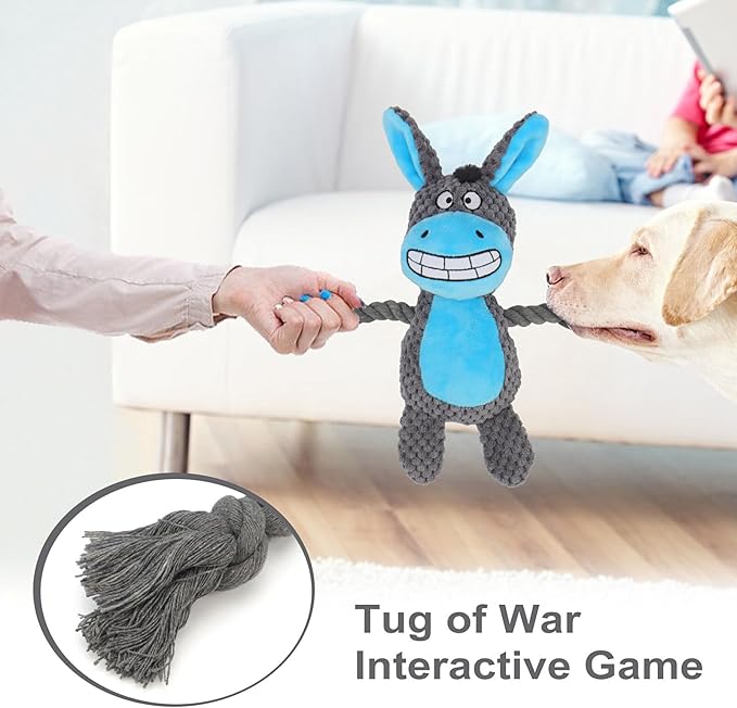 Dog Toys, Dog Squeaker Toys with Crinkle Paper, Stuffed Animal Dog Plush Chewing Toy, Cotton Rope Interactive Toys for Puppy, Small, Middle Dogs (Dark Gray Donkey)