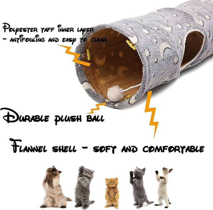 LUCKITTY Cat Tube Tunnel with Plush Ball Toys Collapsible Self-Luminous, for Cat Small Pets Bunny Rabbits, Kittens, Ferrets,Puppy and Dogs Grey Moon Star 3 Way