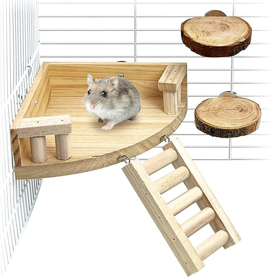 kathson 4pcs Hamster Platform with Ladder Natural Wooden Chinchilla Climbing Toy Rat Cage Ledge Sugar Glider Cage Accessories for Small Animals