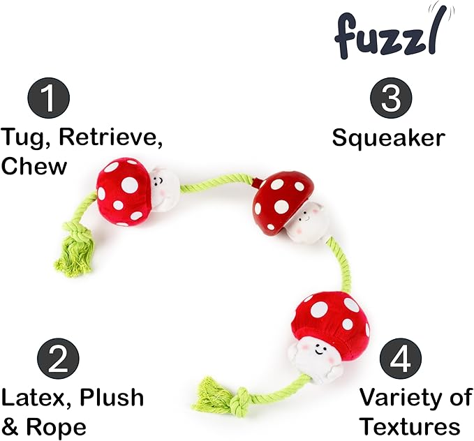 Tugga Magic Shrooms Dog Toy 75cm - Rope Latex and Plush Dog and Puppy Throw Fetch and Tug with Squeaker Mushrooms Enrichment