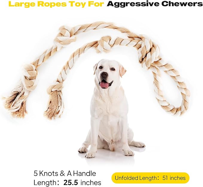 PetiFine Dog Rope Toys for Aggressive Chewers - Large, Tough Indestructible Natural Cotton Rope Toy with 3 Big Knots and a Handle for Tug of War