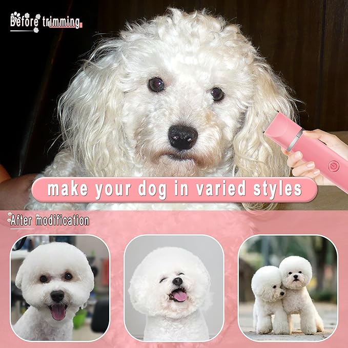 Dog Grooming Clippers Kit-Electric Rechargeable Cat Trimmer Tools-Cordless Quiet Pet Nail Paw Grinder-4 in 1 Multifunctional Low Noise Shaver-Razor for feet Face Ears Toenail Eye（Pink）