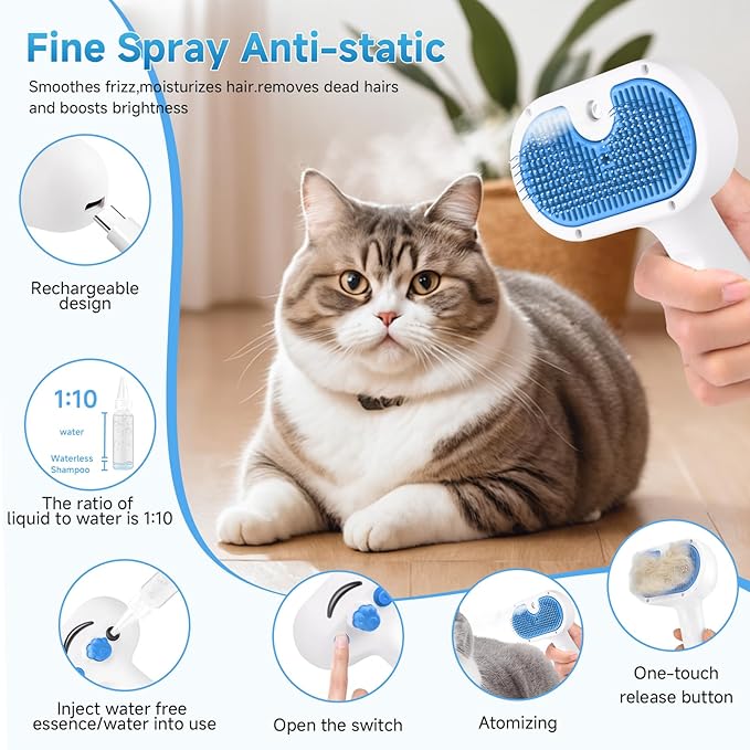 Pet Steam Brush for Dog & Cat - 3-in-1 Steam Grooming Brush for Shedding & Hair Removal - Self Cleaning Spray Comb with Mist for Long Haired Pets - Includes 1*Waterless Shampoo, Blue