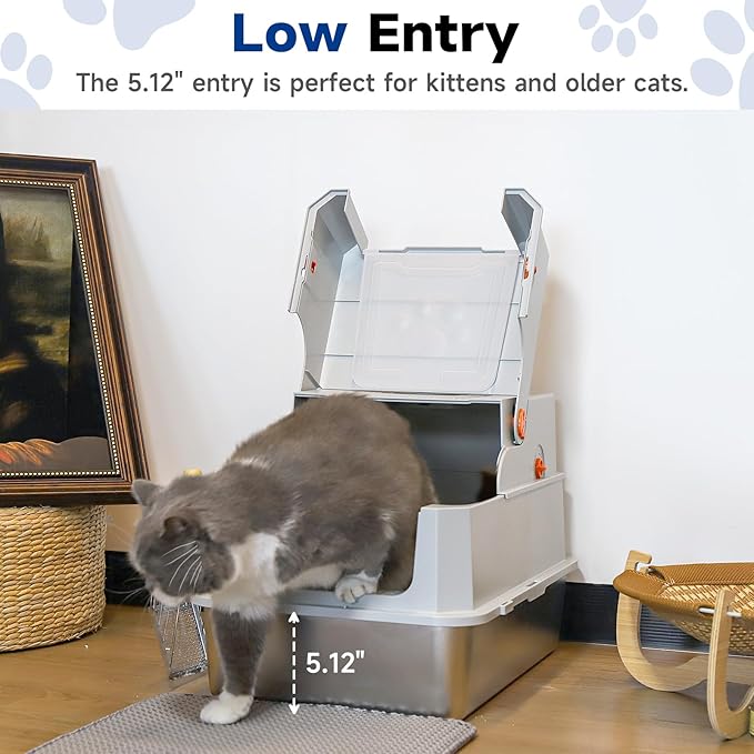 TENTIZON Stainless Steel Cat Litter Box with Lid, XL Large Covered Litter Box with Litter Mat, Metal Scoop, Enclosed Metal Litterbox for Kitten, Big Cats Up to 24lbs, 23.1" L x 14.8" W x 15.2" H