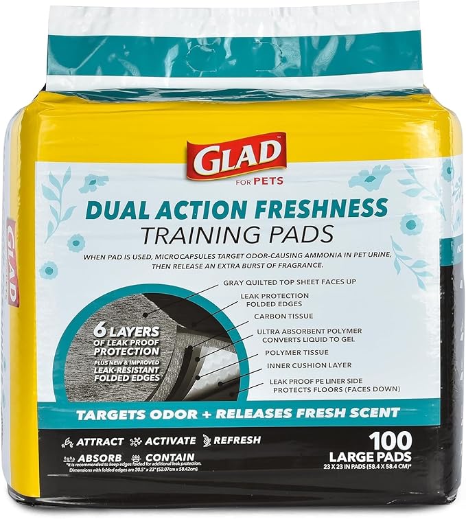 Glad for Pets Dual Action Freshness Activated Carbon Puppy Training Pads with Fragrance Release, Scented Pee Pads, Ultra Absorbent, Odor Control, 23"x23" 100ct - 2 Pack
