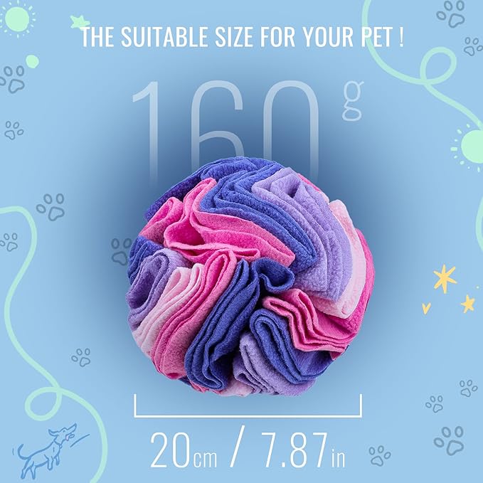 Pet Snuffle Ball, Puzzle Sniffing Interactive Dog Ball for Blind Dogs Training Stress Relief Dog Enrichment Toys Treat Machine Washable (20cm, Pink and Purple)