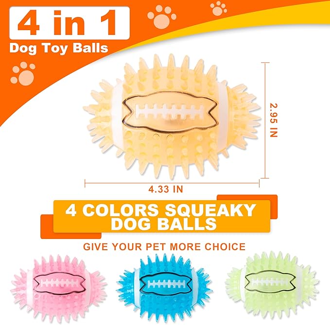 4.3” Dog Squeaky Football Toys 4 Pack, Light up and Durable Spiky Dog Balls for Medium Large Dogs with Rugby Shape, Built-in Squeaker for Teeth Cleaning and Training
