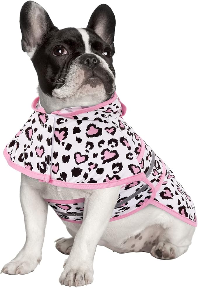 HDE Dog Raincoat Jacket Reflective Adjustable Hooded Pet Poncho Rain Coat with Leash Hole for Small to X-Large Dogs Leopard Hearts - M