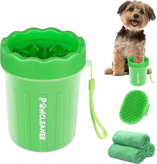Comotech Portable Pet Paw Washer - Silicone Brush with 3 Absorbent Towels for Small Dog Breeds (Green)