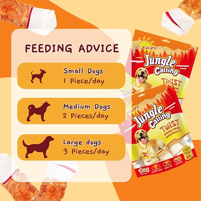 Jungle Calling Chicken Wrap Knotted Bones Dog Chews 6.5" Pack of 4, Long Lasting Beefhide Treats Real Chicken Wrap Rawhide Bones for Large Dogs Training Treats (3 Packs)