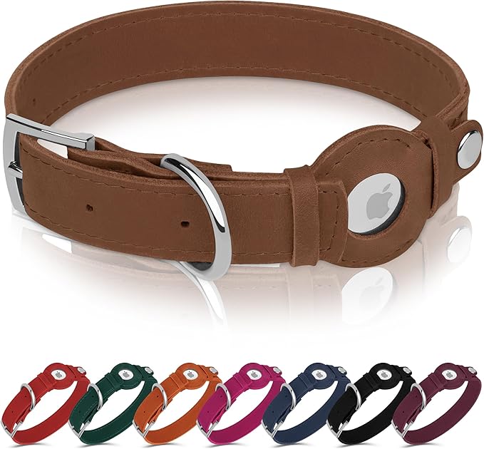 Leather Dog Collar with Airtag Holder - Apple AirTag Dog Collars - Soft Tracking Smart GPS Pet Collar for Small Medium Large Dogs Puppy (Tawny, M, 12"-15" Neck Fit)