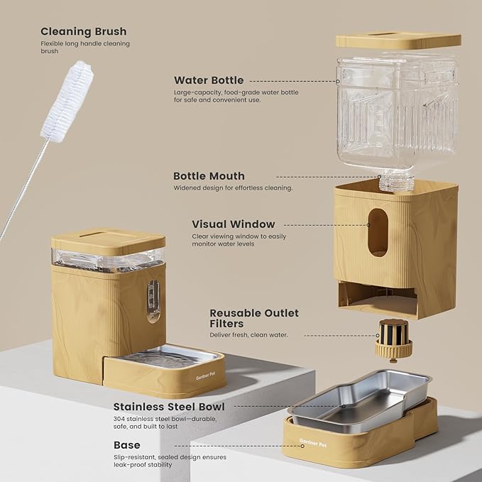 Gardner Pet Automatic Dog Water Dispenser Gravity Waterer with Stainless Steel Bowl Water Dispenser 6.5L Large Capacity Water Feeder for Dogs Cats Pets, BPA-Free Noise-Free (Light Brown, 6.5L)