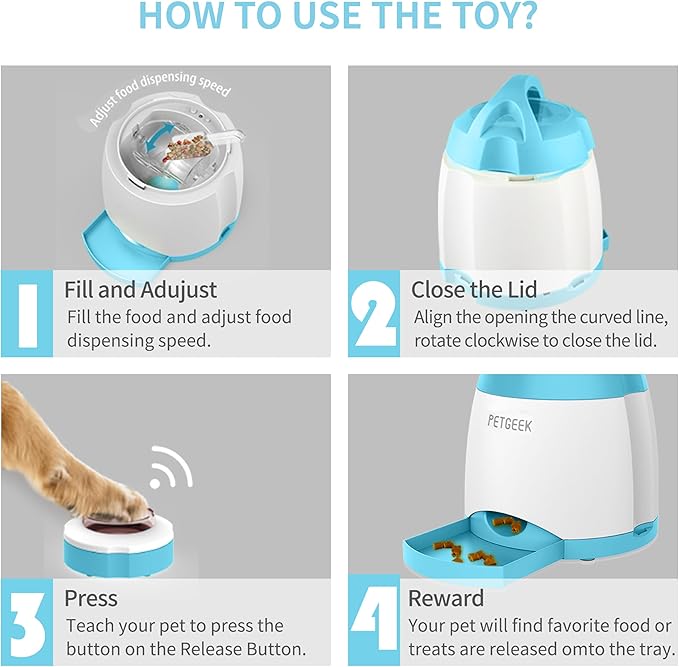 PETGEEK Automatic Dog Feeder/Treat Dispenser with Rechargeable Button Remote Control, Interactive Dog Food Puzzle & Stimulation Toys, 400ml Capacity Pet Dispensing Toy for Indoor/Outdoor Play