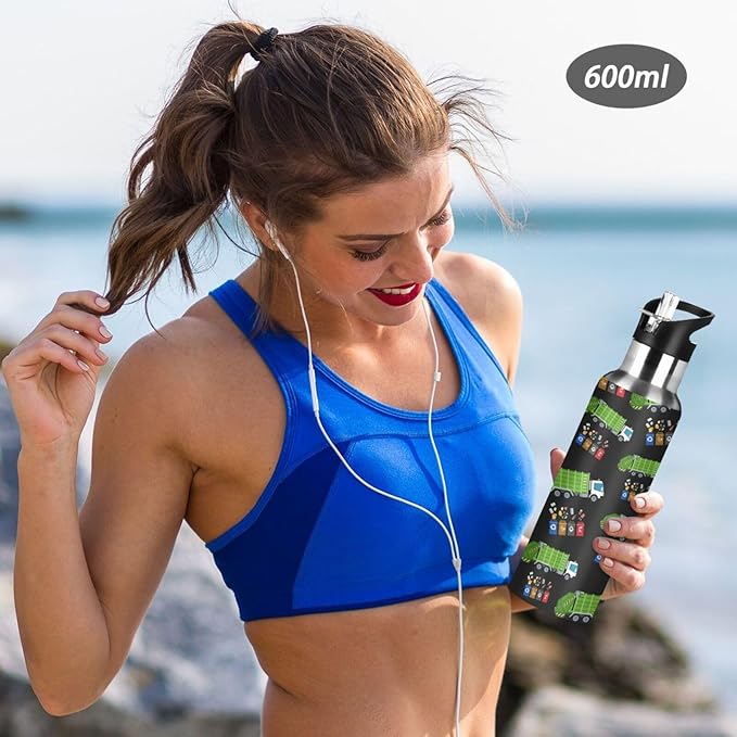 Garbage Truck Trash Recycling Water Bottle with Straw Lid Kids Insulated Stainless Steel Water Flask Sports, 20 Oz Hot Cold