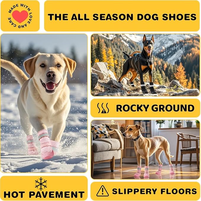 Hcpet Dog Shoes, Dog Boots & Paw Protectors for Winter Snowy Days, Rainy Weather, Outdoor Anti-Slip Sole Dog Booties for Hardwood Floor Pink-Leg 1