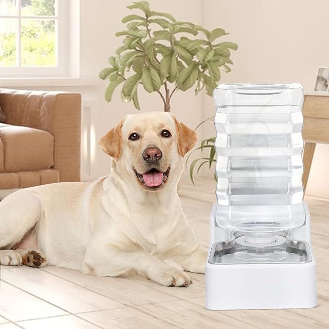 Dog Cat Water Dispenser: 8L White Upgraded Gravity Feeder with Stainless Steel Bowl - BPA-Free Large Capacity for Medium/Large Pets - Indoor & Outdoor Use