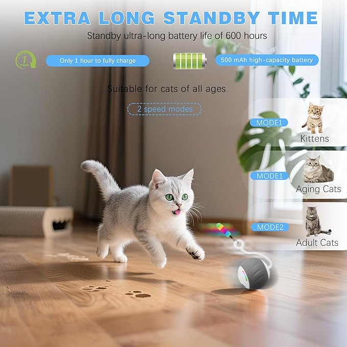 Cat Toys Interactive for Indoor Cats, Touch & Sound Smart Control - Fast slow 2 Speed Motion Activated Cat Ball Toy for Bored Cats With LED Lights, Feathers Tail, USB Charging Cable, 6in1 - Gray