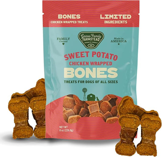 Gaines Family Farmstead Chicken Wrapped Sweet Potato Dog Bones - 8 oz Bag, Natural, Grain-Free Dog Treats for All Ages & Breeds, Great for Training and Rewards, Made in USA