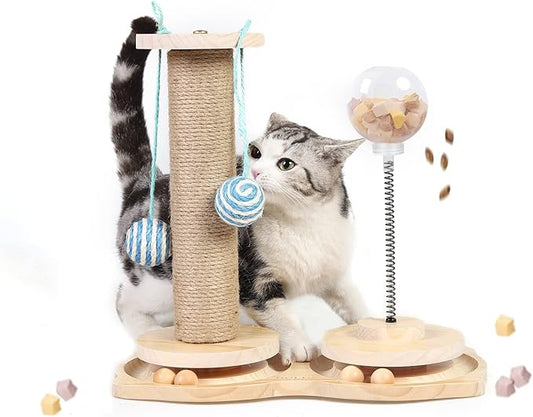 Marchul 4 in1 Interactive Cat Toy, Natural Sisal Cat Scratching Post with Hanging Balls, Cat Toys with Roller Track by Wooden, Kitten Food Feeder with Treat Ball for Indoor Kittens