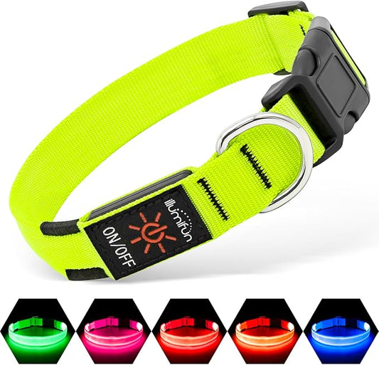 Illumifun Light Up Dog Collar, USB Rechargeable LED Dog Collar Glow in The Dark，Adjustable Pet Safety Lights for Night Walking (Green, Medium)