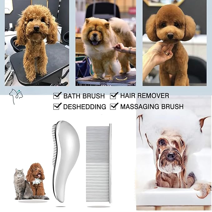 YOFANG Dog & Cat Comb – Pet Detangling Comb for Removes Tangles, Knots, and Matted Fur – Grooming Tool With Stainless Steel Teeth and Rubber Bath Brush for Long Short and Curly Haired Pet