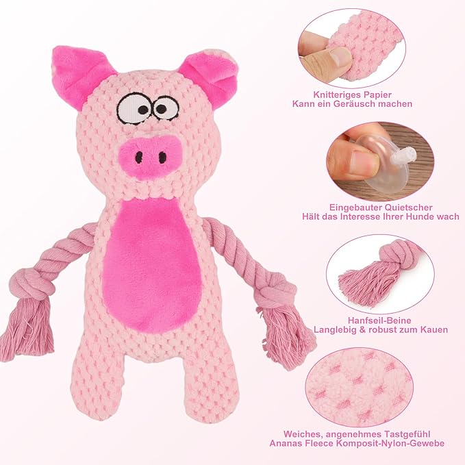 Dog Toys, Dog Squeaker Toys with Crinkle Paper, Stuffed Animal Dog Plush Chewing Toy, Cotton Rope Interactive Toys for Puppy, Small, Middle Dogs (Pink Pig)