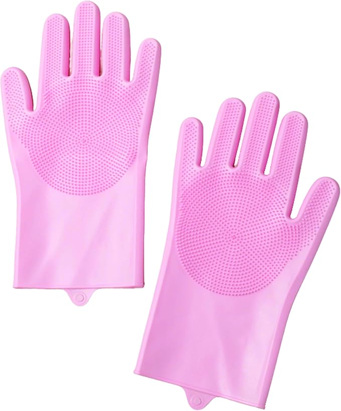 Pet Grooming Gloves，Heat-Resistant Silicone Gloves with High-Density Teeth for Enhanced Massaging and Bathing of Dogs and Cats (Pink, 1 Pair)