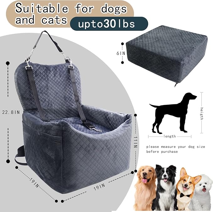 Small Medium Dog Car Seat Memory Foam Sponge Booster for Medium Dogs Under 35 lbs Ensure Comfort with Thick Cushion Detachable Washable Dog Bed Pet Car Seat with Storage Pockets for Toys Food