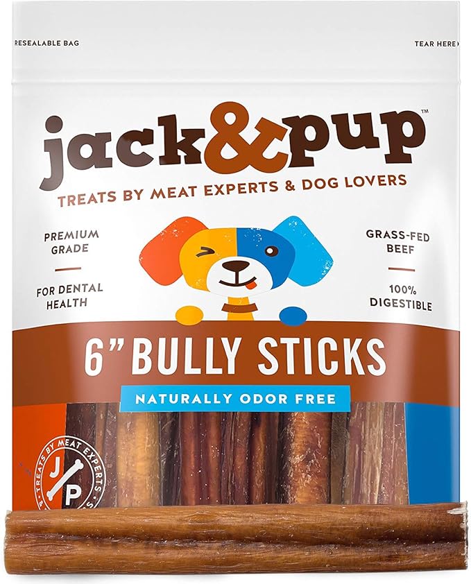 Jack&Pup 6-inch Bully Sticks for Large Dogs (20 Pack) All Natural Thick Bully Stick for Dogs | Singe Ingredient Long Lasting Pizzle Sticks