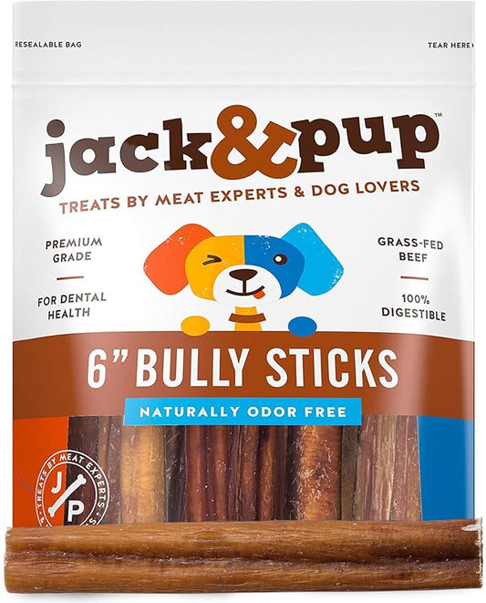 Jack&Pup 6-inch Bully Sticks for Large Dogs (20 Pack) All Natural Thick Bully Stick for Dogs | Singe Ingredient Long Lasting Pizzle Sticks