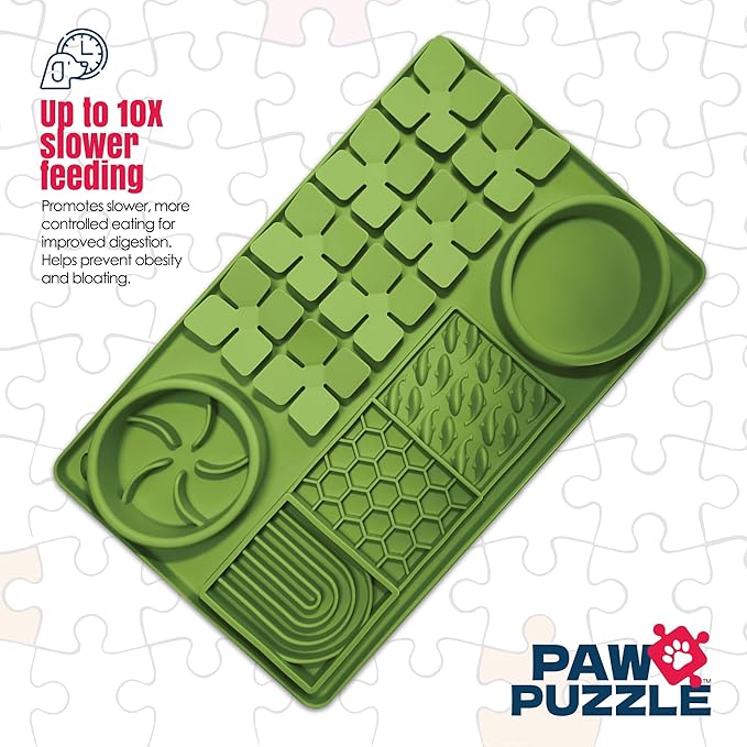 Palz&Co Paw Puzzle 2-in-1 Slow Feeder & Lick Mat for Dogs and Cats, Dry and Wet Food, Dishwasher Safe Silicone, Large 15.75"x10.5", Green