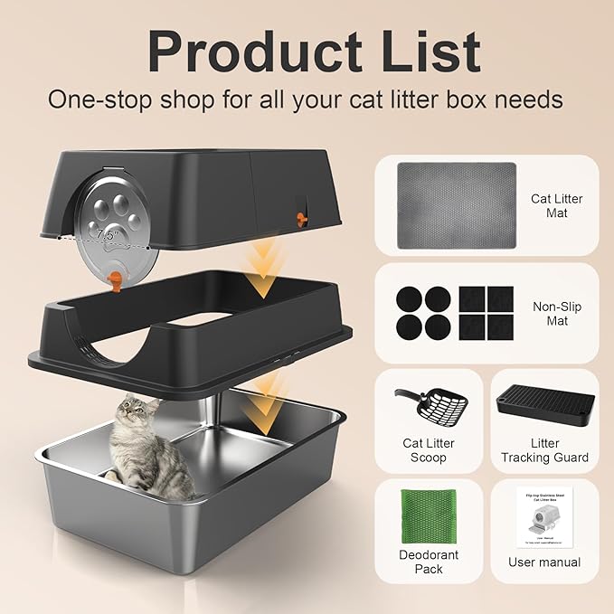 Stainless Steel Cat Litter Box with Lid, XL Extra Large Kitty Litter Box, Enclosed Top Entry Metal Litterbox for Big Cat, Easy Cleaning, Anti-Leakage & High Sided with Mat, Aisle & Scoop Black