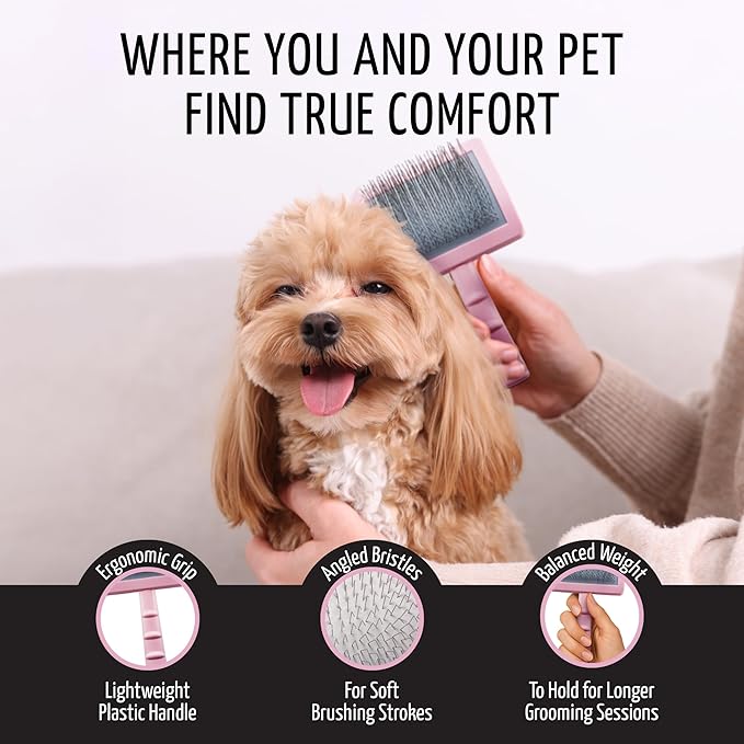 Tauro Pro Line Plastic Long & Short Hair Slicker Dog Brush for Deshedding & Detangling - Pink Slicker Brush for Dog & Cat Grooming - 0.98″ Pins, Non-Slip Grip, Size L